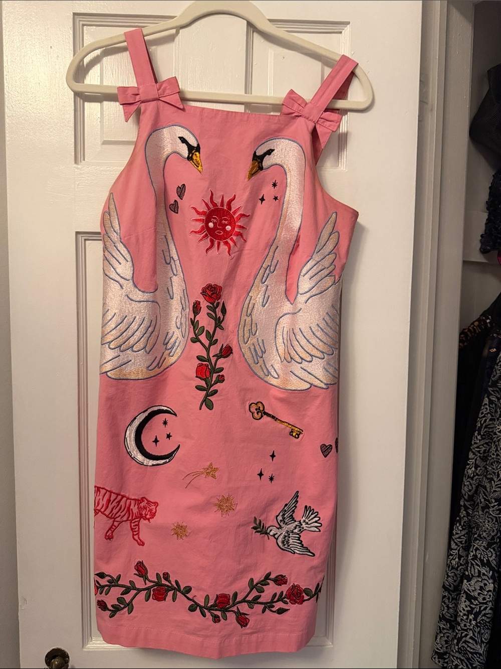 Anthropologie Pink Embroidered Swan Midi Dress